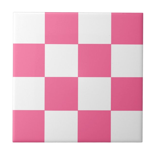 Pink White Chequered Check Pattern Tile (Front)