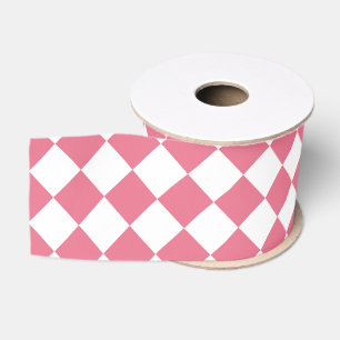 Pink White Chequered Diamond Pattern Grosgrain Ribbon