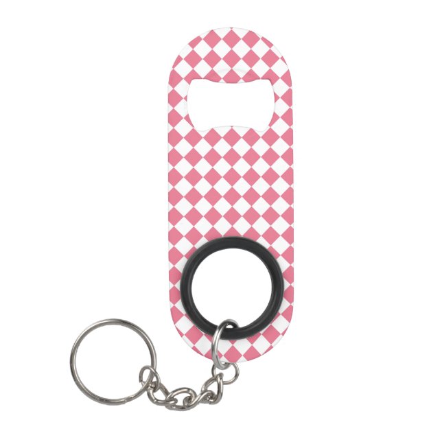 Pink White Chequered Diamond Pattern Keychain Bottle Opener (Front)