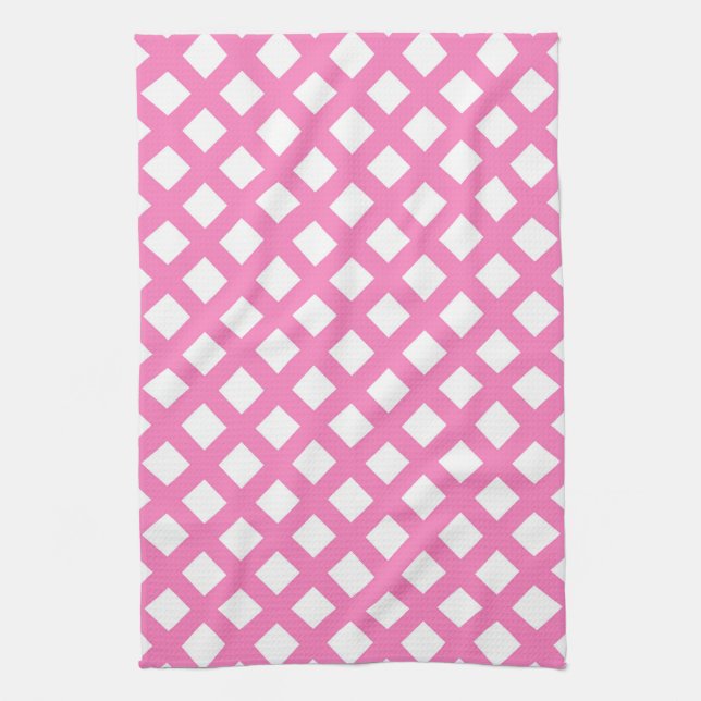 Pink White Chequered Diamond Pattern Kitchen Towel (Vertical)