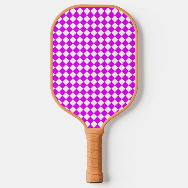 Pink White Chequered Diamond Pattern Pickleball Paddle (Front)