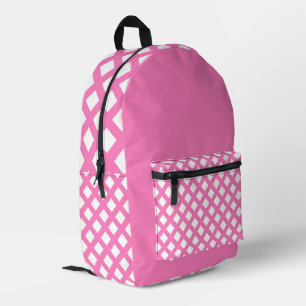 Pink White Chequered Diamond Pattern Printed Backpack