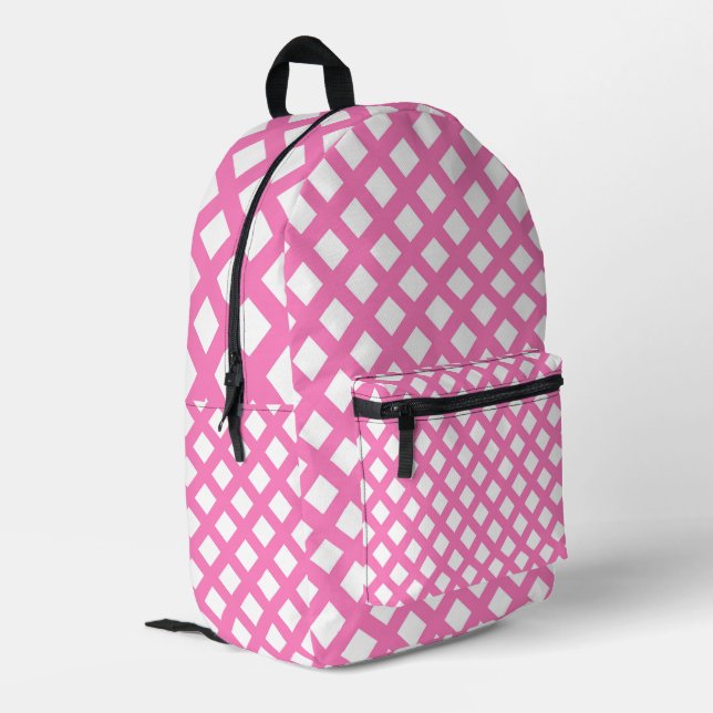 Pink White Chequered Diamond Pattern Printed Backpack (Back Corner Left)