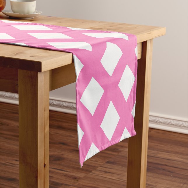Pink White Chequered Diamond Pattern Short Table Runner (In Situ)