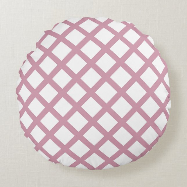 Pink White Chequered Diamond Stripes Pattern Round Pillow (Front)
