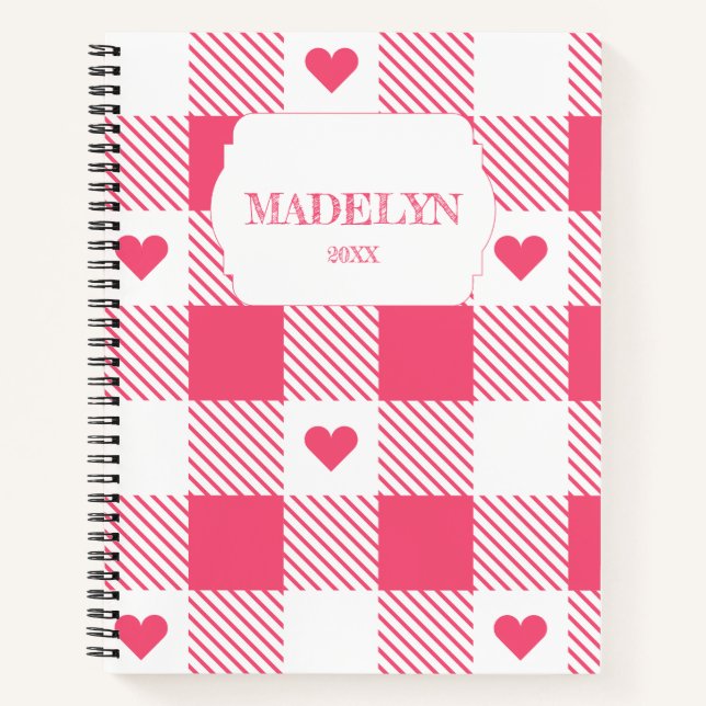 pink &white chequered heart pattern monogram name notebook (Front)
