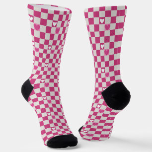 Pink White Chequered Pattern with Hearts Socks