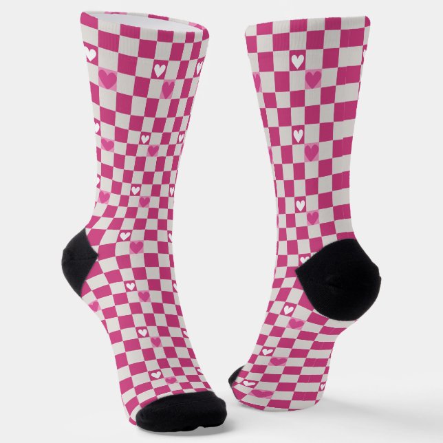 Pink White Chequered Pattern with Hearts Socks (Angled)