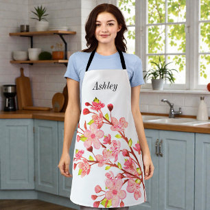 Pink White Cherry Blossom Flowers Chic Apron