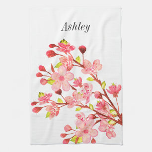 Pink White Cherry Blossom Flowers Chic Kitchen Towel