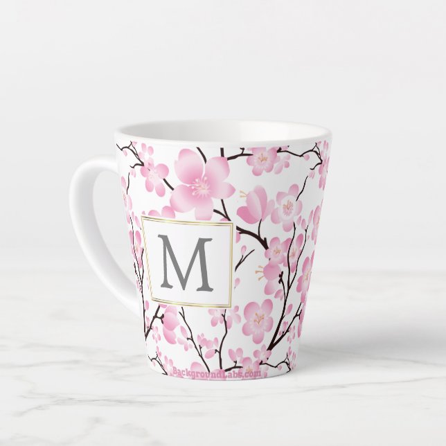 pink white cherry blossom initial customizable mug (Left Angle)