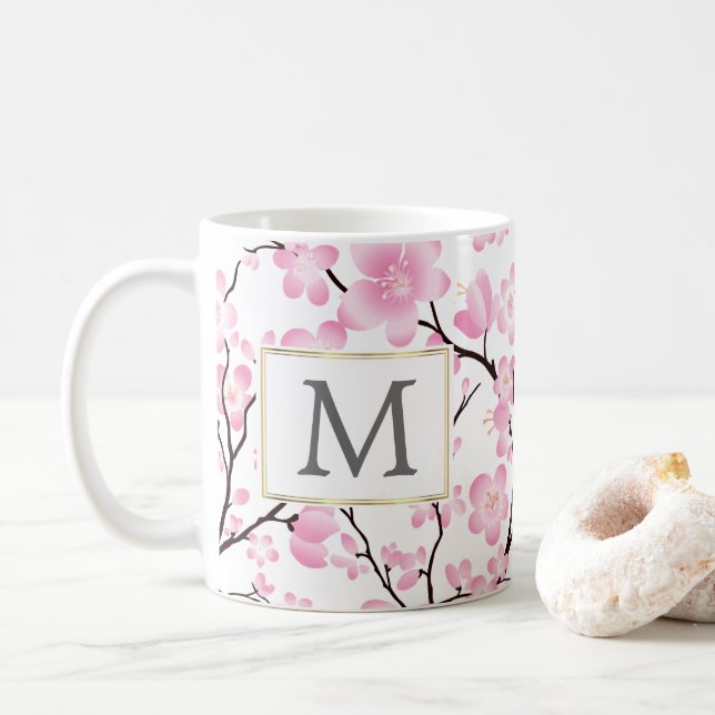 pink white cherry blossom initial customizable mug (With Donut)