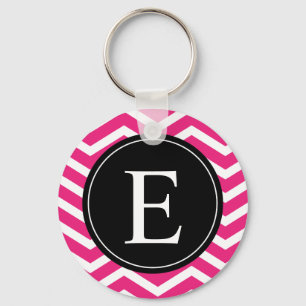 Pink White Chevron Black Monogram Keychain