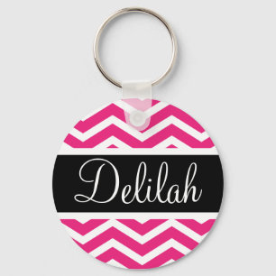 Pink White Chevron Black Name Keychain