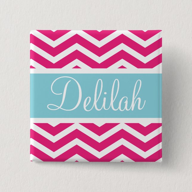 Pink White Chevron Blue Custom Name 2 Inch Square Button (Front)