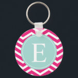 Pink White Chevron Mint Teal Monogram Keychain<br><div class="desc">Customise this vibrant pink and white chevron pattern and pastel turquoise monogram design with your initial.</div>
