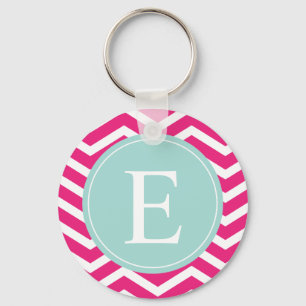 Pink White Chevron Mint Teal Monogram Keychain
