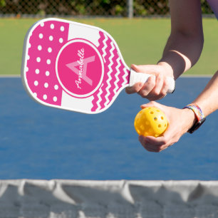 Pink White Chevron Monogram Personalized Pickleball Paddle