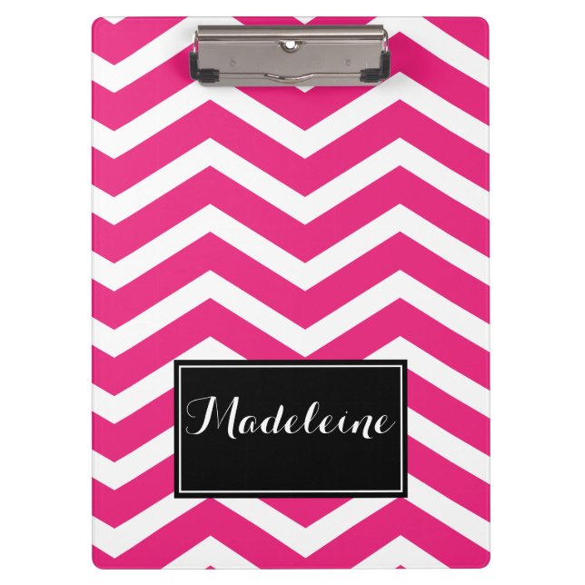 Pink White Chevron Name Zig Zag Clipboard (Front)