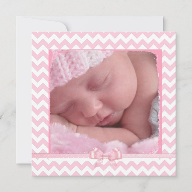 Pink & White Chevron Striped Birthday Announcement (Front)