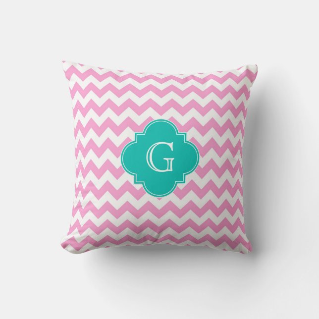 Pink White Chevron Zigzag Teal Quatrefoil Monogram Throw Pillow (Front)