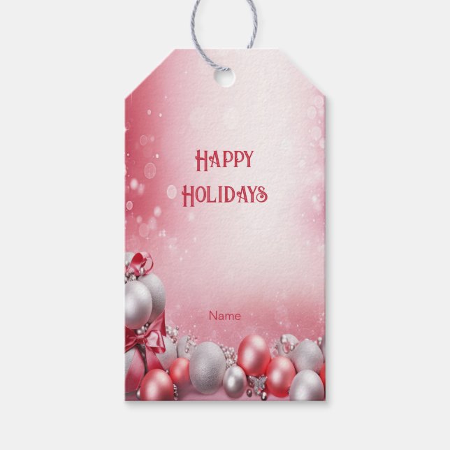 Pink White Christmas Balls Holiday Gift Tag (Front)
