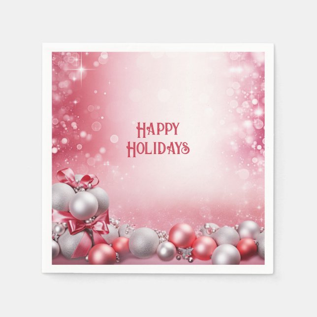 Pink White Christmas Balls Holiday Napkin (Front)