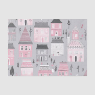 Pink White Christmas Houses on Grey Tissue Paper
