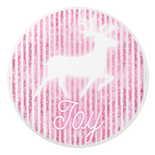 Pink & White Christmas Joy Reindeer Ceramic Knob