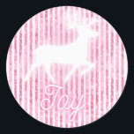 Pink & White Christmas Joy Reindeer Classic Round Sticker<br><div class="desc">.</div>