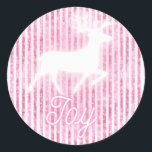 Pink & White Christmas Joy Reindeer Classic Round Sticker<br><div class="desc">.</div>