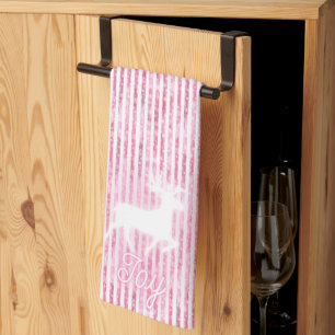 Pink & White Christmas Joy Reindeer Kitchen Towel