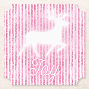 Pink & White Christmas Joy Reindeer Paper Coaster