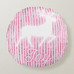 Pink & White Christmas Joy Reindeer Round Pillow