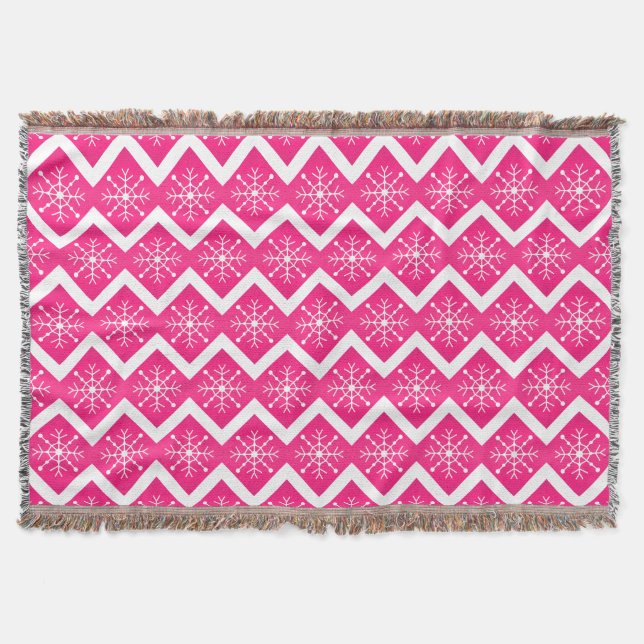Pink & White Christmas Snowflakes Chevron Pattern Throw Blanket (Front)