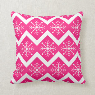Pink & White Christmas Snowflakes Chevron Pattern Throw Pillow
