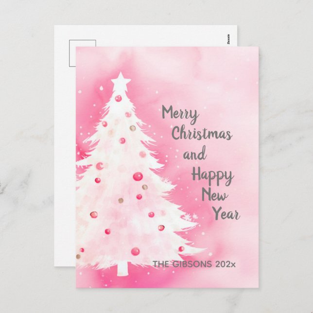 Pink White Christmas Tree Watercolor Postcard (Front/Back)