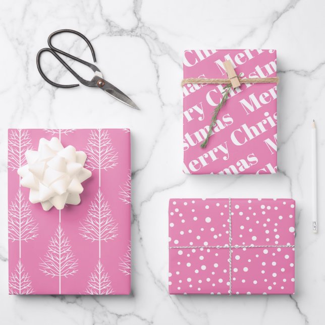 Pink white Christmas, trees, polka dots holiday Wrapping Paper Sheet (Front)