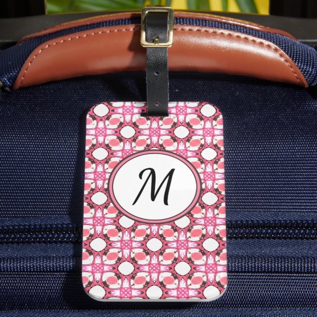 Pink White Circle Geometric Pattern Monogram Luggage Tag (Front Insitu 2)