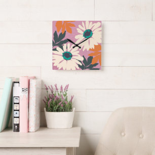 Pink White Colour Pop Daisies Artistic Floral Square Wall Clock