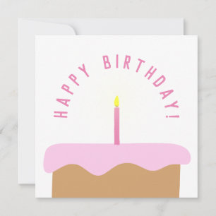 Pink/White Cute Illustrated Birthday Cake & Candle Card