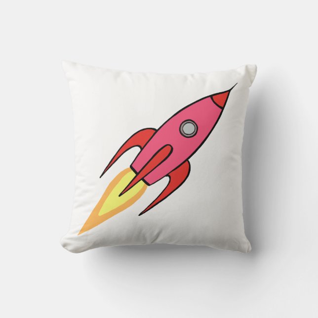 Pink & White Cute Retro Rocketship Cartoon Design Throw Pillow (Front)