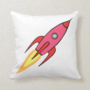 Pink & White Cute Retro Rocketship Cartoon Design Throw Pillow