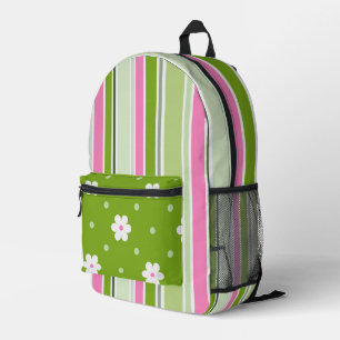 PINK & WHITE DAISIES AND GREEN PINK WHITE STRIPES PRINTED BACKPACK
