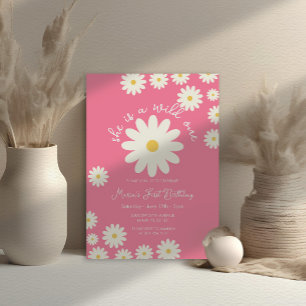 Pink White Daisy She is a Wild ONE Birthday Invitation