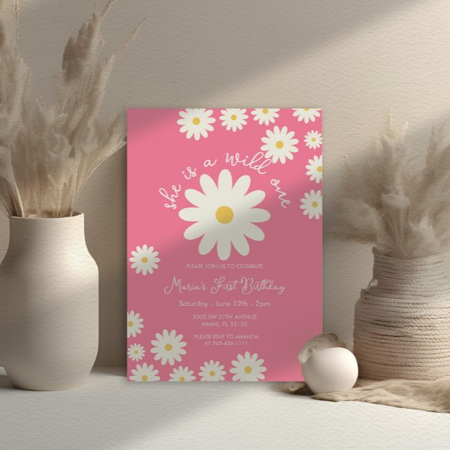 Pink White Daisy She is a Wild ONE Birthday  Invitation (Creator Uploaded)