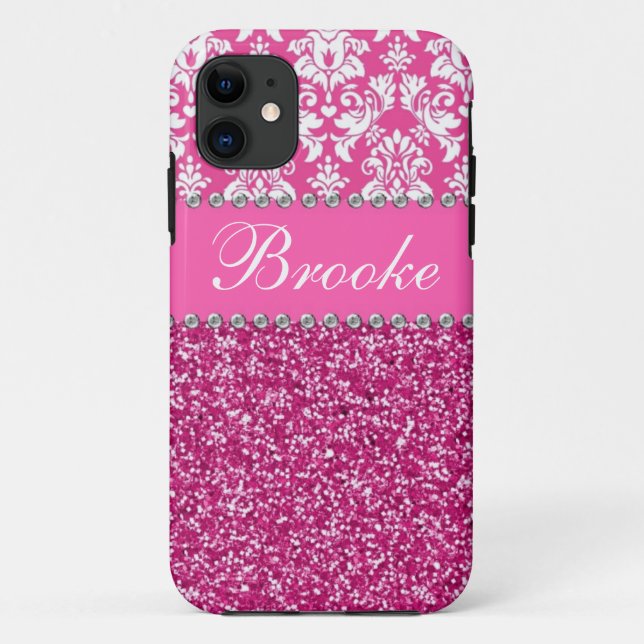 Pink & White Damask & Glitter Rhinestone Case (Back)