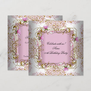 Pink White Damask Gold Flowers Birthday Party Invitation