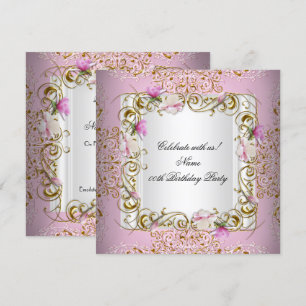 Pink White Damask Gold Flowers Birthday Party Invitation