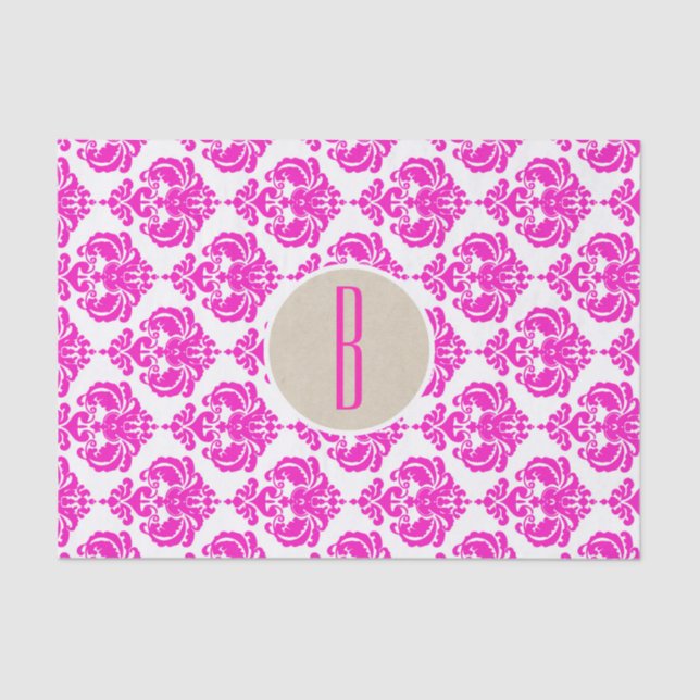 Pink White Damask Kraft Monogram Letter Initial Tissue Paper (Front)